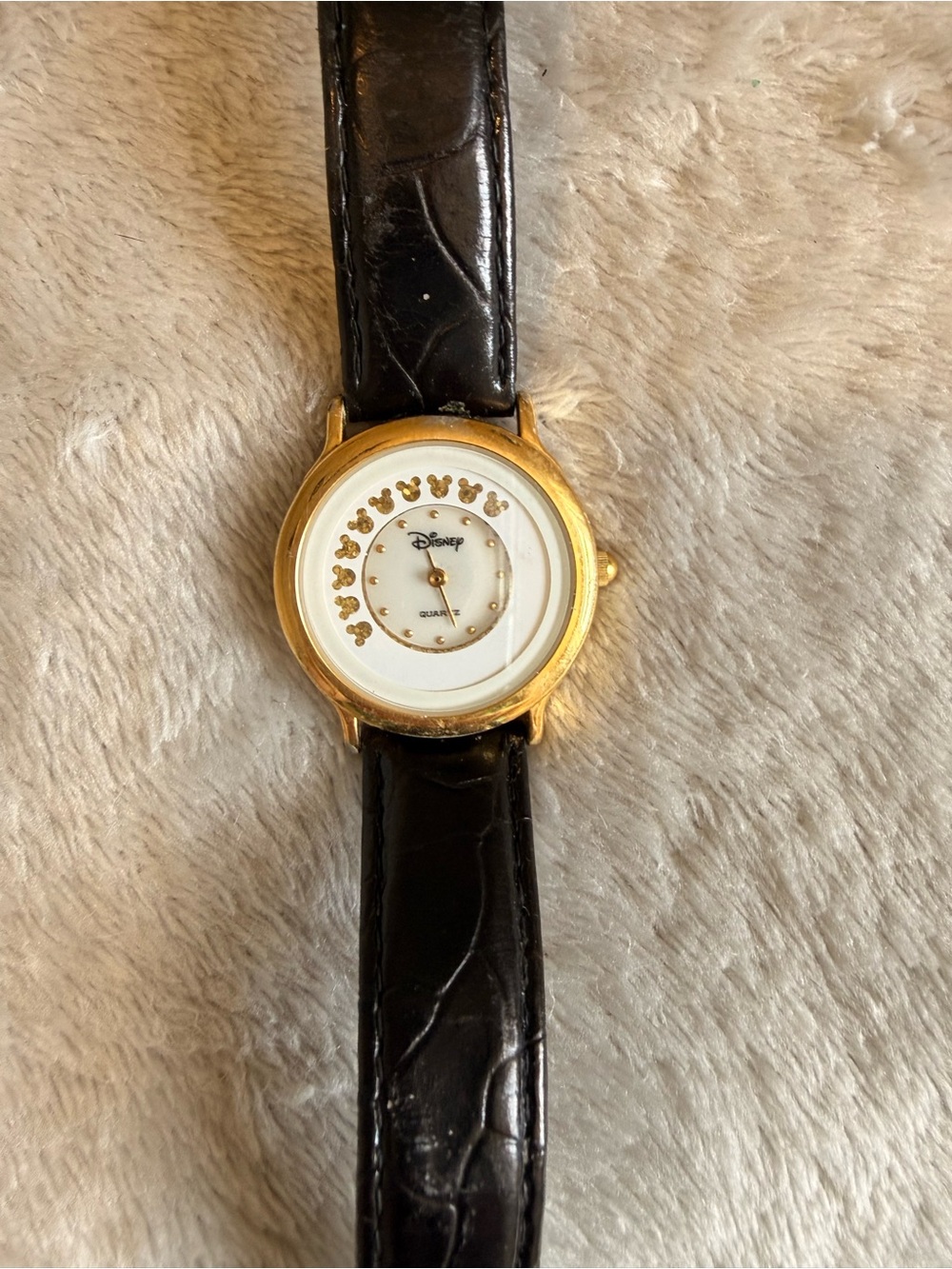 Disney Gold and Black Mickey Accent Leather Strap Watch